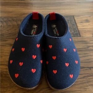Haflinger Navy Felt Mules with Red Heart Embroidery